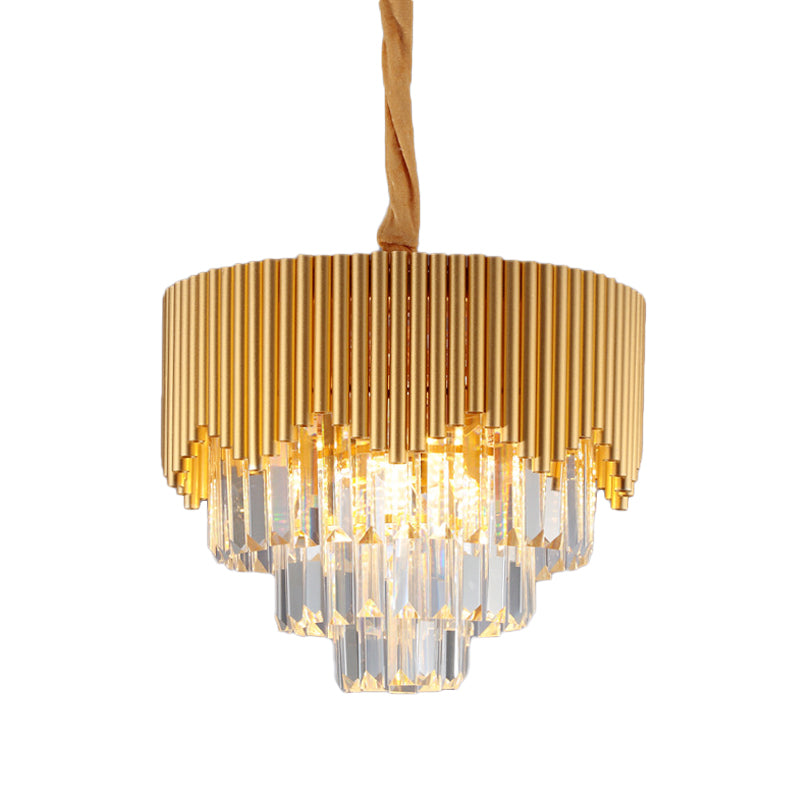 4/6/8 Heads Clear Crystal Prisms Chandelier Modern Gold Finish Tapered Great Room Suspension Pendant, 16"/19.5"/23.5" Wide Clearhalo 'Ceiling Lights' 'Chandeliers' 'Modern Chandeliers' 'Modern' Lighting' 1409307