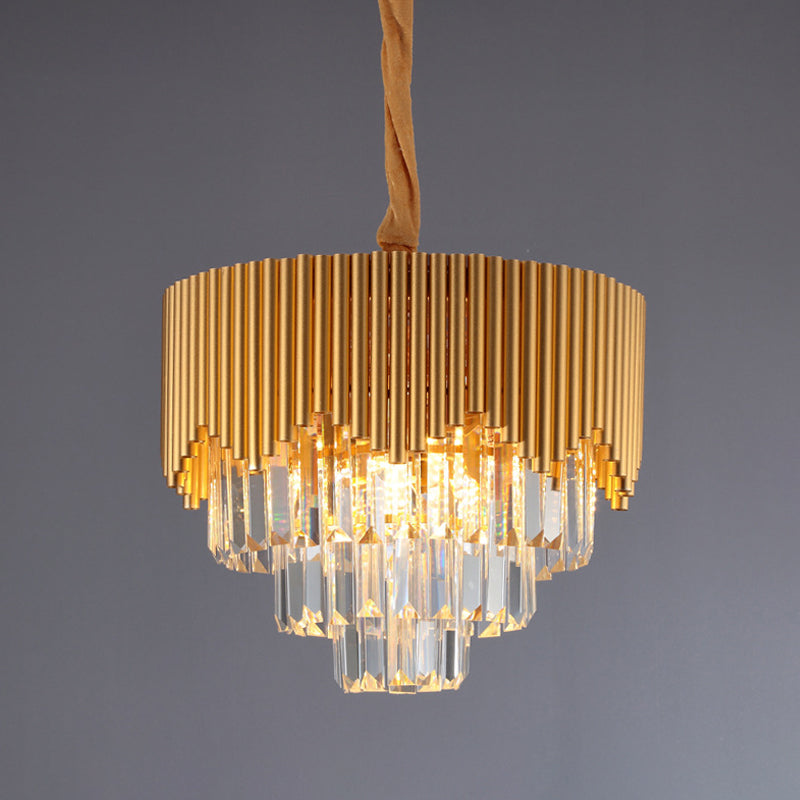 4/6/8 Heads Clear Crystal Prisms Chandelier Modern Gold Finish Tapered Great Room Suspension Pendant, 16"/19.5"/23.5" Wide Clearhalo 'Ceiling Lights' 'Chandeliers' 'Modern Chandeliers' 'Modern' Lighting' 1409308