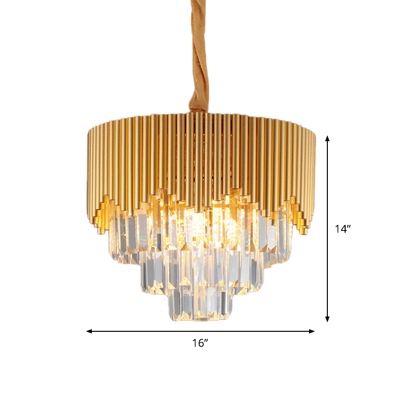 4/6/8 Heads Clear Crystal Prisms Chandelier Modern Gold Finish Tapered Great Room Suspension Pendant, 16"/19.5"/23.5" Wide Clearhalo 'Ceiling Lights' 'Chandeliers' 'Modern Chandeliers' 'Modern' Lighting' 1409309