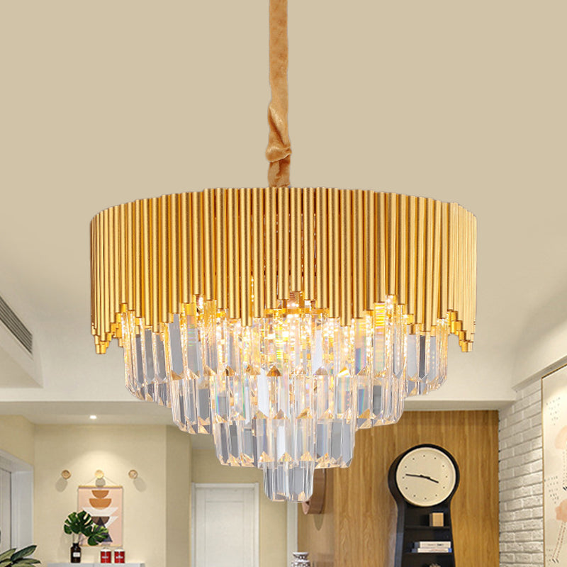 4/6/8 Heads Clear Crystal Prisms Chandelier Modern Gold Finish Tapered Great Room Suspension Pendant, 16"/19.5"/23.5" Wide Gold 19.5" Clearhalo 'Ceiling Lights' 'Chandeliers' 'Modern Chandeliers' 'Modern' Lighting' 1409310