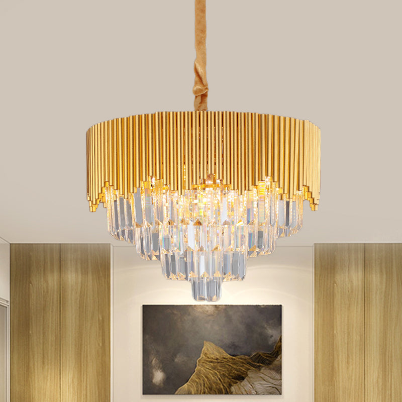 4/6/8 Heads Clear Crystal Prisms Chandelier Modern Gold Finish Tapered Great Room Suspension Pendant, 16"/19.5"/23.5" Wide Clearhalo 'Ceiling Lights' 'Chandeliers' 'Modern Chandeliers' 'Modern' Lighting' 1409311