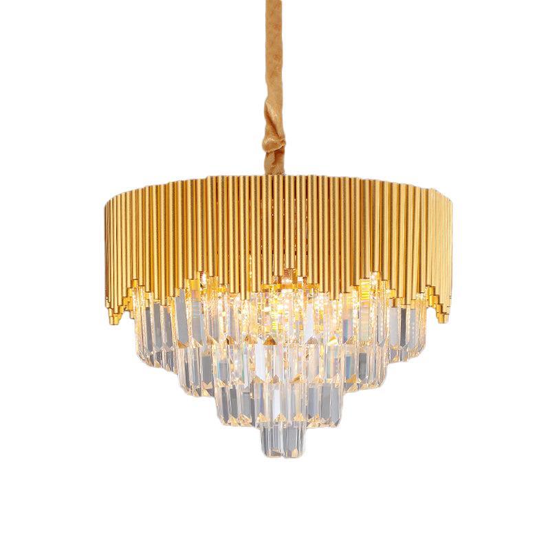 4/6/8 Heads Clear Crystal Prisms Chandelier Modern Gold Finish Tapered Great Room Suspension Pendant, 16"/19.5"/23.5" Wide Clearhalo 'Ceiling Lights' 'Chandeliers' 'Modern Chandeliers' 'Modern' Lighting' 1409312