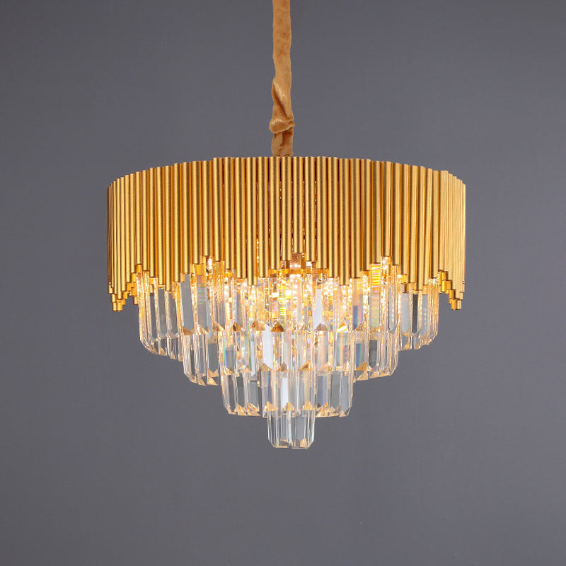 4/6/8 Heads Clear Crystal Prisms Chandelier Modern Gold Finish Tapered Great Room Suspension Pendant, 16"/19.5"/23.5" Wide Clearhalo 'Ceiling Lights' 'Chandeliers' 'Modern Chandeliers' 'Modern' Lighting' 1409313