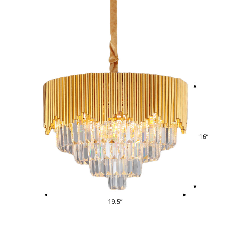 4/6/8 Heads Clear Crystal Prisms Chandelier Modern Gold Finish Tapered Great Room Suspension Pendant, 16"/19.5"/23.5" Wide Clearhalo 'Ceiling Lights' 'Chandeliers' 'Modern Chandeliers' 'Modern' Lighting' 1409314