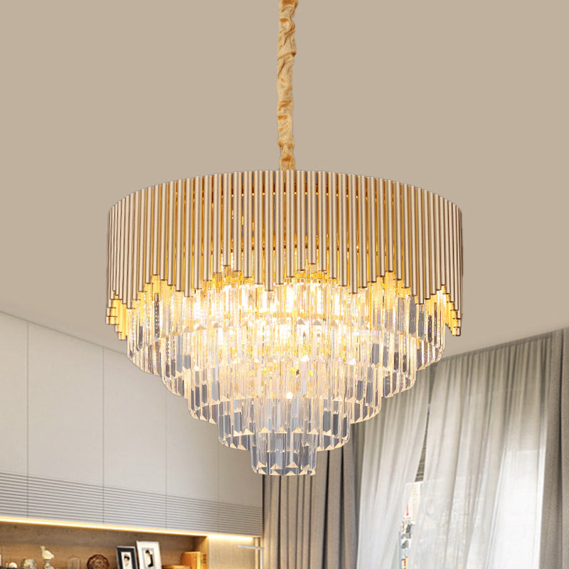 4/6/8 Heads Clear Crystal Prisms Chandelier Modern Gold Finish Tapered Great Room Suspension Pendant, 16"/19.5"/23.5" Wide Gold 23.5" Clearhalo 'Ceiling Lights' 'Chandeliers' 'Modern Chandeliers' 'Modern' Lighting' 1409315