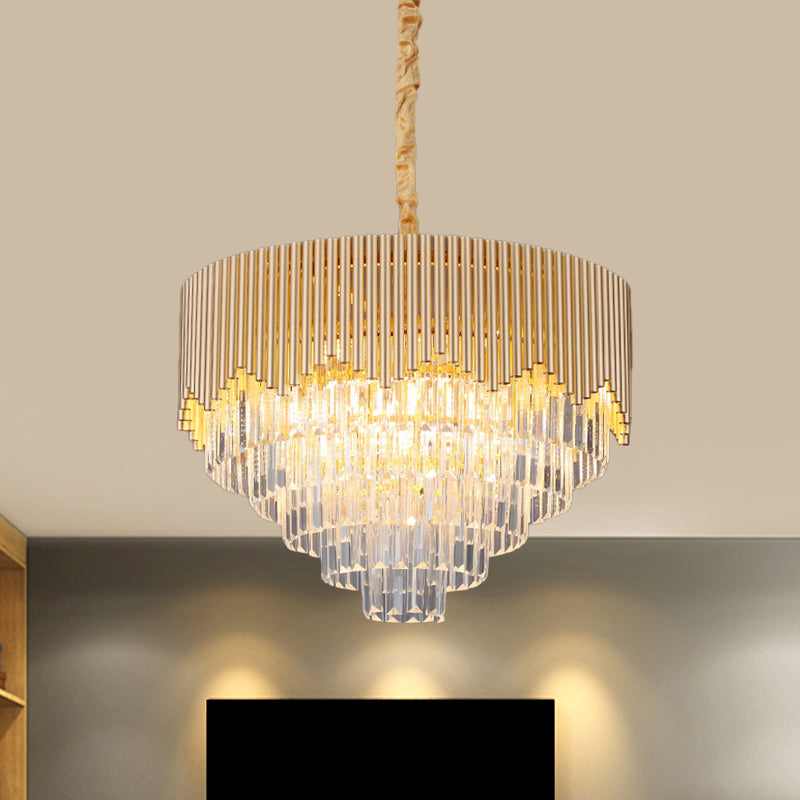 4/6/8 Heads Clear Crystal Prisms Chandelier Modern Gold Finish Tapered Great Room Suspension Pendant, 16"/19.5"/23.5" Wide Clearhalo 'Ceiling Lights' 'Chandeliers' 'Modern Chandeliers' 'Modern' Lighting' 1409316