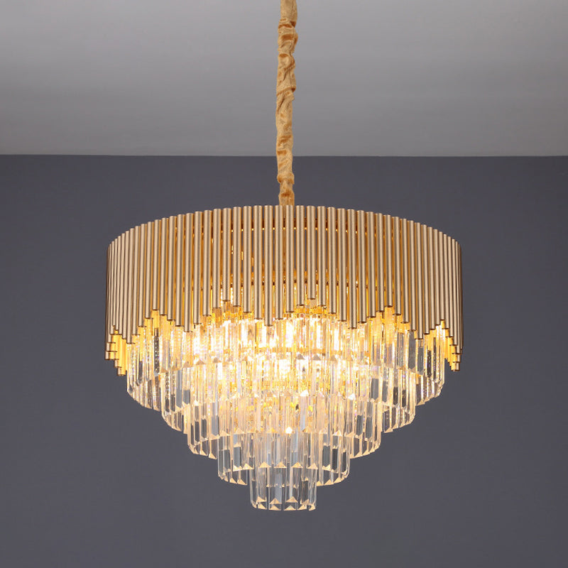 4/6/8 Heads Clear Crystal Prisms Chandelier Modern Gold Finish Tapered Great Room Suspension Pendant, 16"/19.5"/23.5" Wide Clearhalo 'Ceiling Lights' 'Chandeliers' 'Modern Chandeliers' 'Modern' Lighting' 1409317