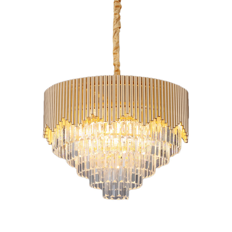 4/6/8 Heads Clear Crystal Prisms Chandelier Modern Gold Finish Tapered Great Room Suspension Pendant, 16"/19.5"/23.5" Wide Clearhalo 'Ceiling Lights' 'Chandeliers' 'Modern Chandeliers' 'Modern' Lighting' 1409318