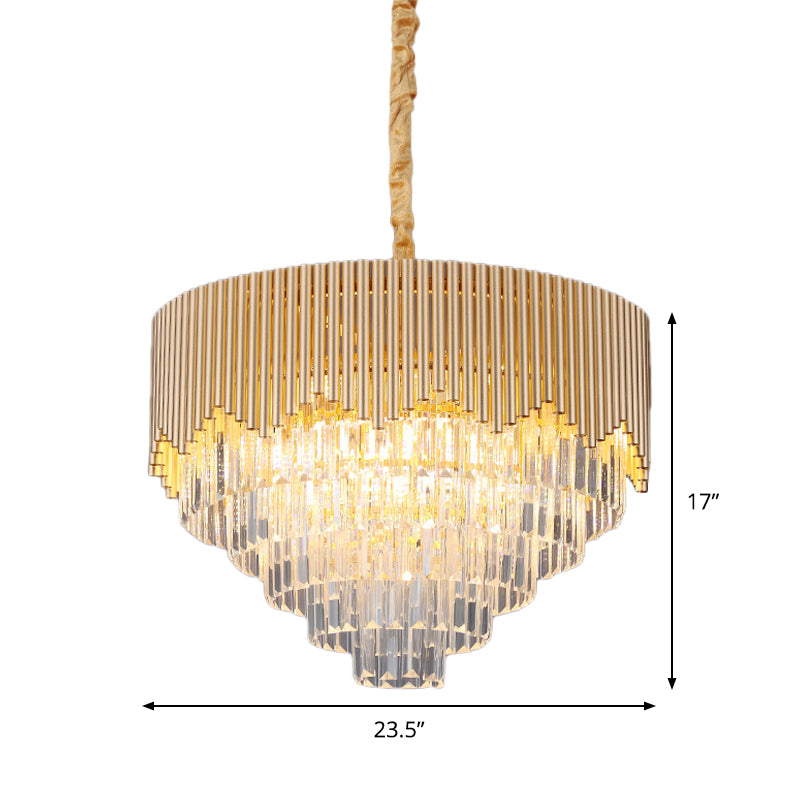 4/6/8 Heads Clear Crystal Prisms Chandelier Modern Gold Finish Tapered Great Room Suspension Pendant, 16"/19.5"/23.5" Wide Clearhalo 'Ceiling Lights' 'Chandeliers' 'Modern Chandeliers' 'Modern' Lighting' 1409319