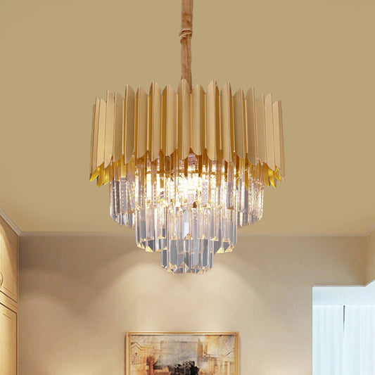 Taper Faceted Crystal Rectangle Hanging Lamp Contemporary 4/8 Bulbs Parlor Chandelier Light in Gold, 16"/23.5" W Gold 16" Clearhalo 'Ceiling Lights' 'Chandeliers' 'Modern Chandeliers' 'Modern' Lighting' 1409320