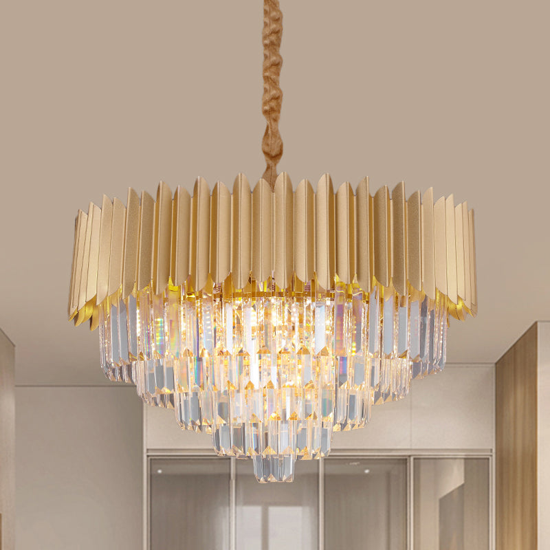 Taper Faceted Crystal Rectangle Hanging Lamp Contemporary 4/8 Bulbs Parlor Chandelier Light in Gold, 16"/23.5" W Gold 23.5" Clearhalo 'Ceiling Lights' 'Chandeliers' 'Modern Chandeliers' 'Modern' Lighting' 1409324