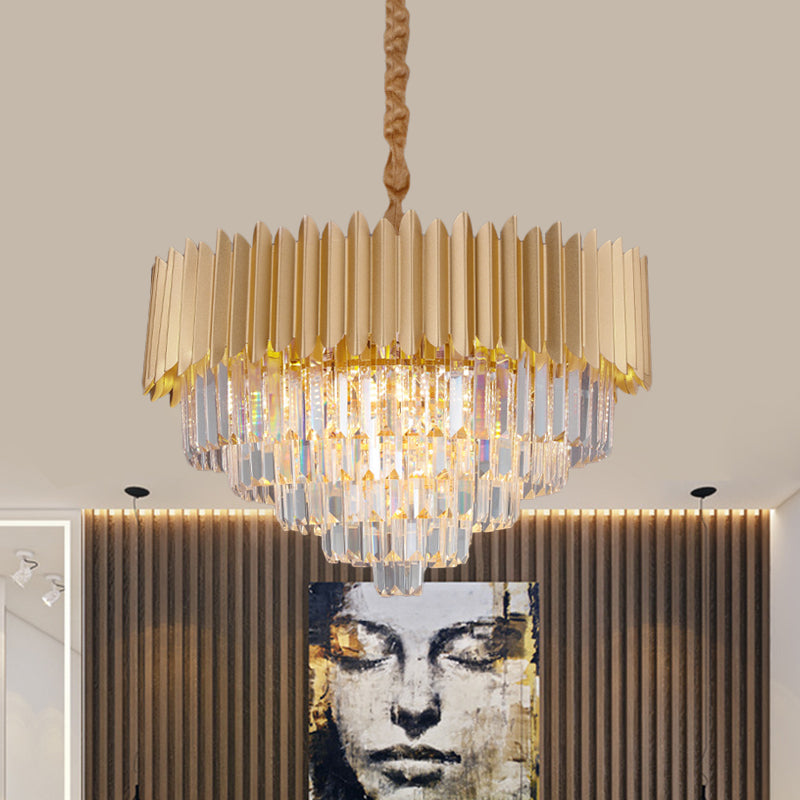 Taper Faceted Crystal Rectangle Hanging Lamp Contemporary 4/8 Bulbs Parlor Chandelier Light in Gold, 16"/23.5" W Clearhalo 'Ceiling Lights' 'Chandeliers' 'Modern Chandeliers' 'Modern' Lighting' 1409325