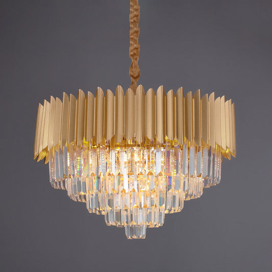 Taper Faceted Crystal Rectangle Hanging Lamp Contemporary 4/8 Bulbs Parlor Chandelier Light in Gold, 16"/23.5" W Clearhalo 'Ceiling Lights' 'Chandeliers' 'Modern Chandeliers' 'Modern' Lighting' 1409327