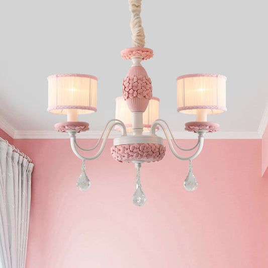 Pink 3 Heads Suspension Light Traditional Fabric Drum Pleated Lampshade Chandelier with Clear Crystal Drops Clearhalo 'Ceiling Lights' 'Chandeliers' Lighting' options 1409337