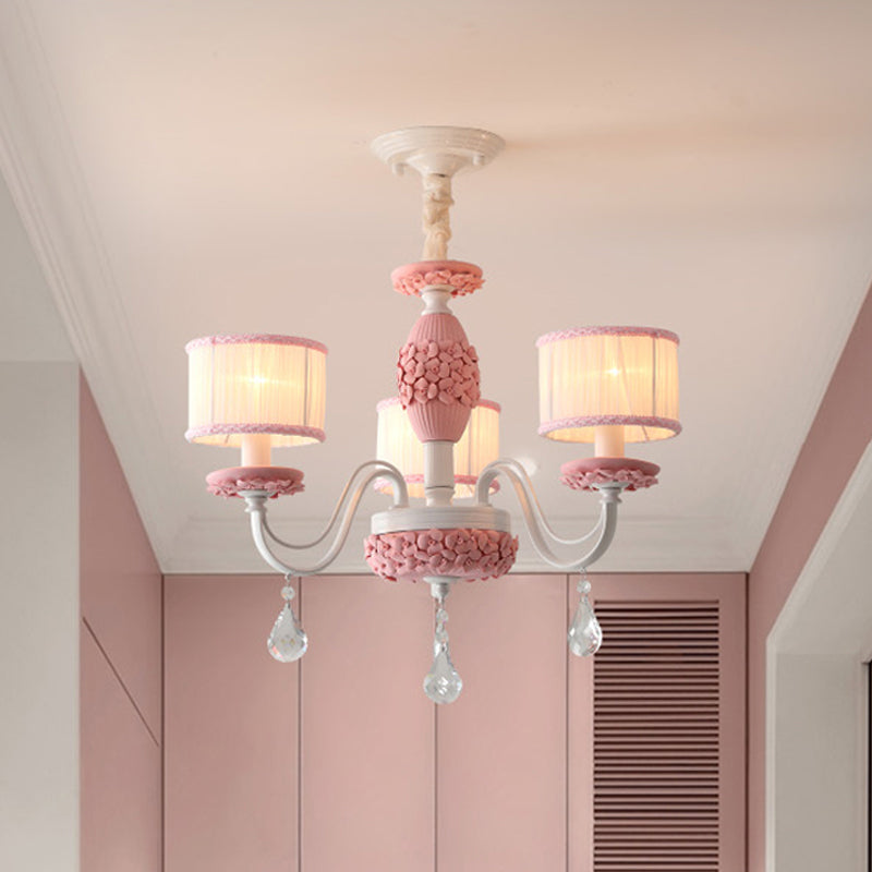 Pink 3 Heads Suspension Light Traditional Fabric Drum Pleated Lampshade Chandelier with Clear Crystal Drops Clearhalo 'Ceiling Lights' 'Chandeliers' Lighting' options 1409338