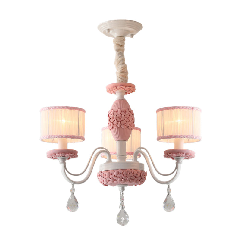 Pink 3 Heads Suspension Light Traditional Fabric Drum Pleated Lampshade Chandelier with Clear Crystal Drops Clearhalo 'Ceiling Lights' 'Chandeliers' Lighting' options 1409339