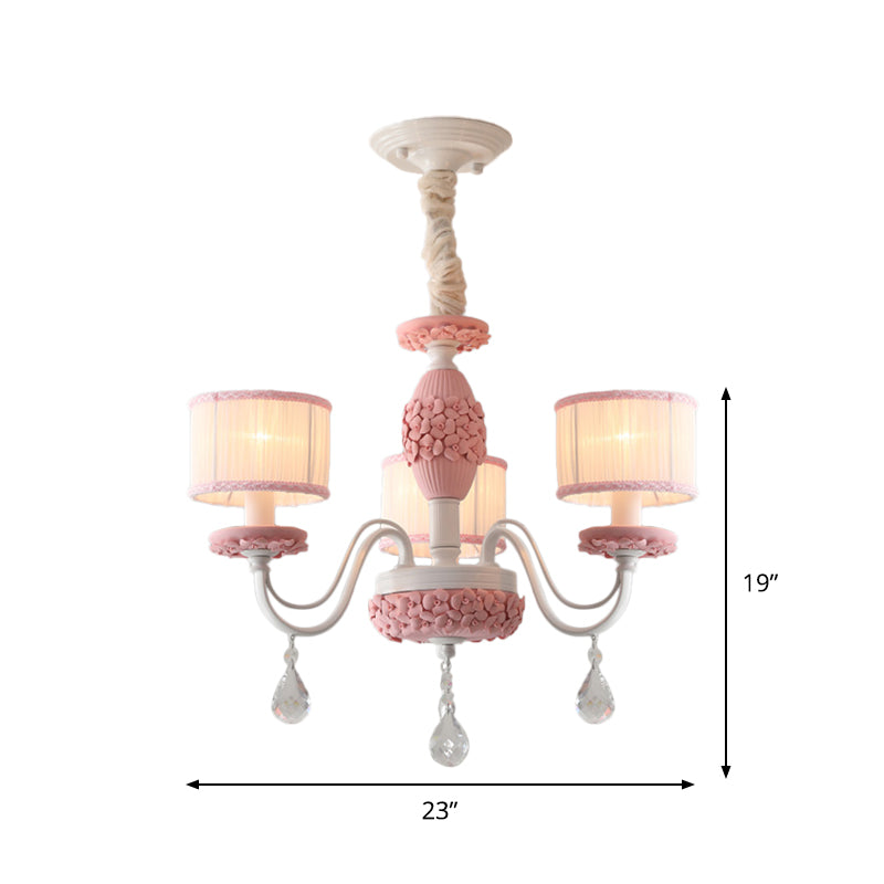 Pink 3 Heads Suspension Light Traditional Fabric Drum Pleated Lampshade Chandelier with Clear Crystal Drops Clearhalo 'Ceiling Lights' 'Chandeliers' Lighting' options 1409340