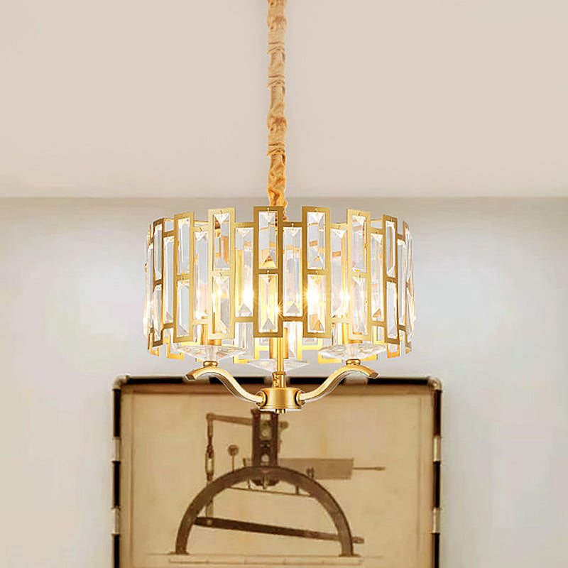 3/4 Heads Drum Hanging Lamp Traditional Gold Crystal Embedded Chandelier Light with Scrolls, 16"/19.5" W Clearhalo 'Ceiling Lights' 'Chandeliers' Lighting' options 1409358