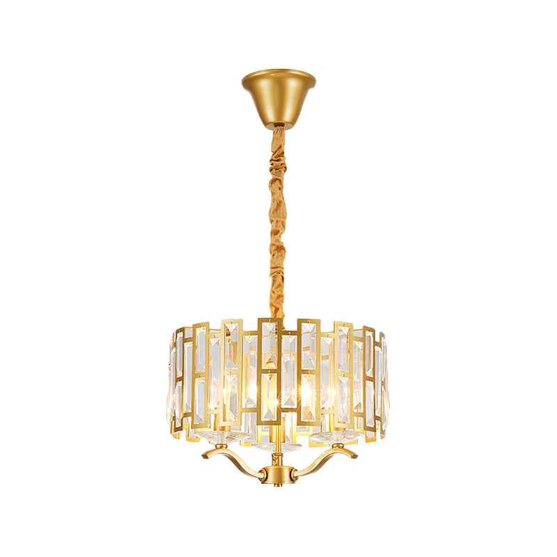 3/4 Heads Drum Hanging Lamp Traditional Gold Crystal Embedded Chandelier Light with Scrolls, 16"/19.5" W Clearhalo 'Ceiling Lights' 'Chandeliers' Lighting' options 1409359