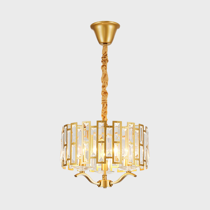 3/4 Heads Drum Hanging Lamp Traditional Gold Crystal Embedded Chandelier Light with Scrolls, 16"/19.5" W Clearhalo 'Ceiling Lights' 'Chandeliers' Lighting' options 1409360