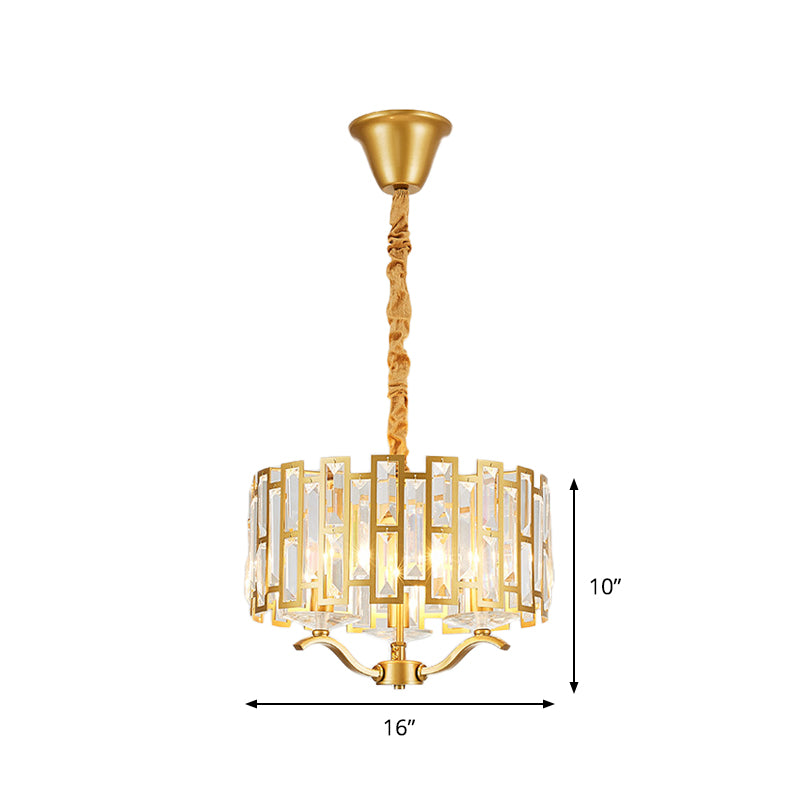 3/4 Heads Drum Hanging Lamp Traditional Gold Crystal Embedded Chandelier Light with Scrolls, 16"/19.5" W Clearhalo 'Ceiling Lights' 'Chandeliers' Lighting' options 1409361