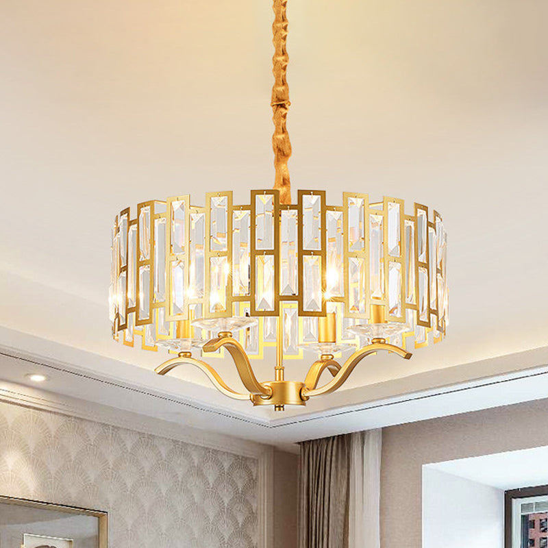 3/4 Heads Drum Hanging Lamp Traditional Gold Crystal Embedded Chandelier Light with Scrolls, 16"/19.5" W Clearhalo 'Ceiling Lights' 'Chandeliers' Lighting' options 1409362