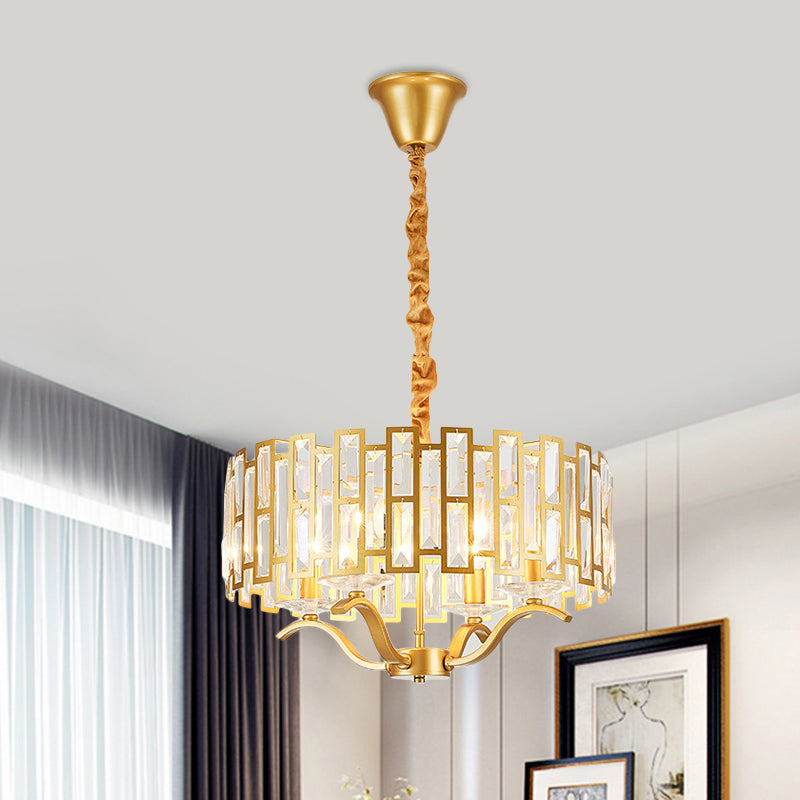 3/4 Heads Drum Hanging Lamp Traditional Gold Crystal Embedded Chandelier Light with Scrolls, 16"/19.5" W Clearhalo 'Ceiling Lights' 'Chandeliers' Lighting' options 1409363