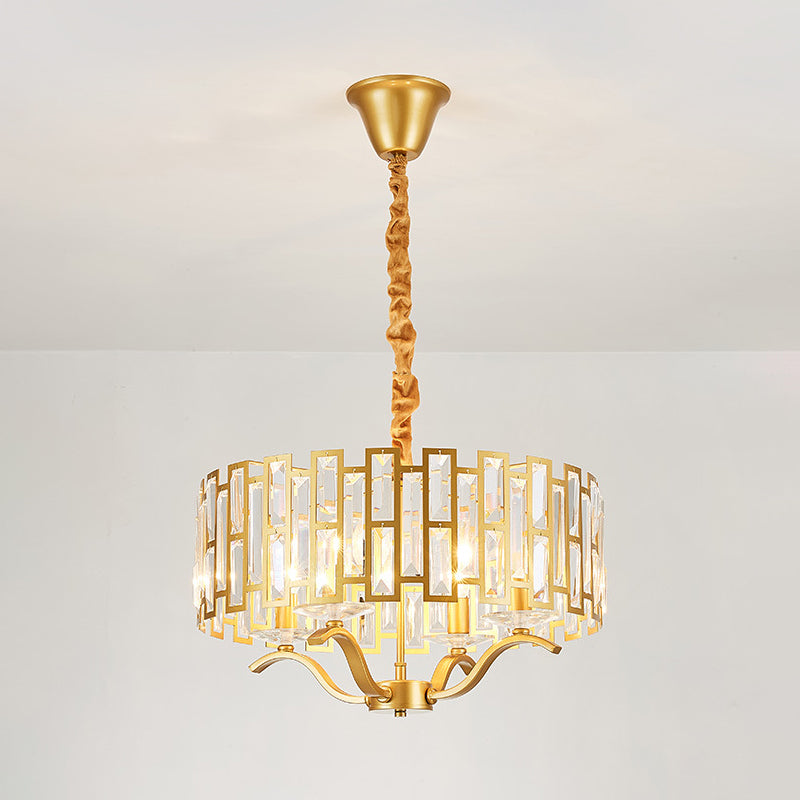 3/4 Heads Drum Hanging Lamp Traditional Gold Crystal Embedded Chandelier Light with Scrolls, 16"/19.5" W Clearhalo 'Ceiling Lights' 'Chandeliers' Lighting' options 1409364