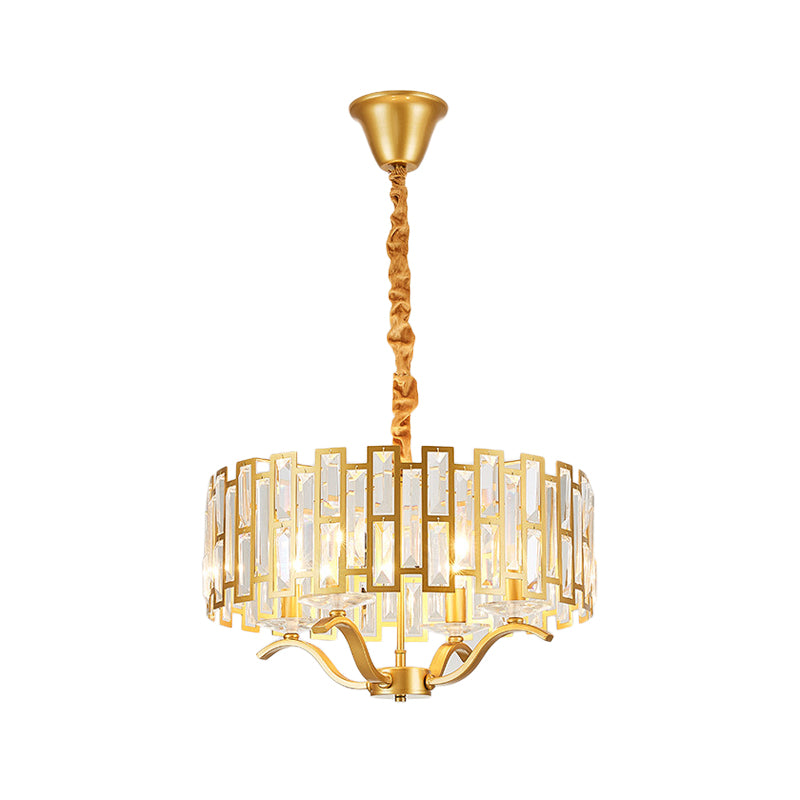 3/4 Heads Drum Hanging Lamp Traditional Gold Crystal Embedded Chandelier Light with Scrolls, 16"/19.5" W Clearhalo 'Ceiling Lights' 'Chandeliers' Lighting' options 1409365