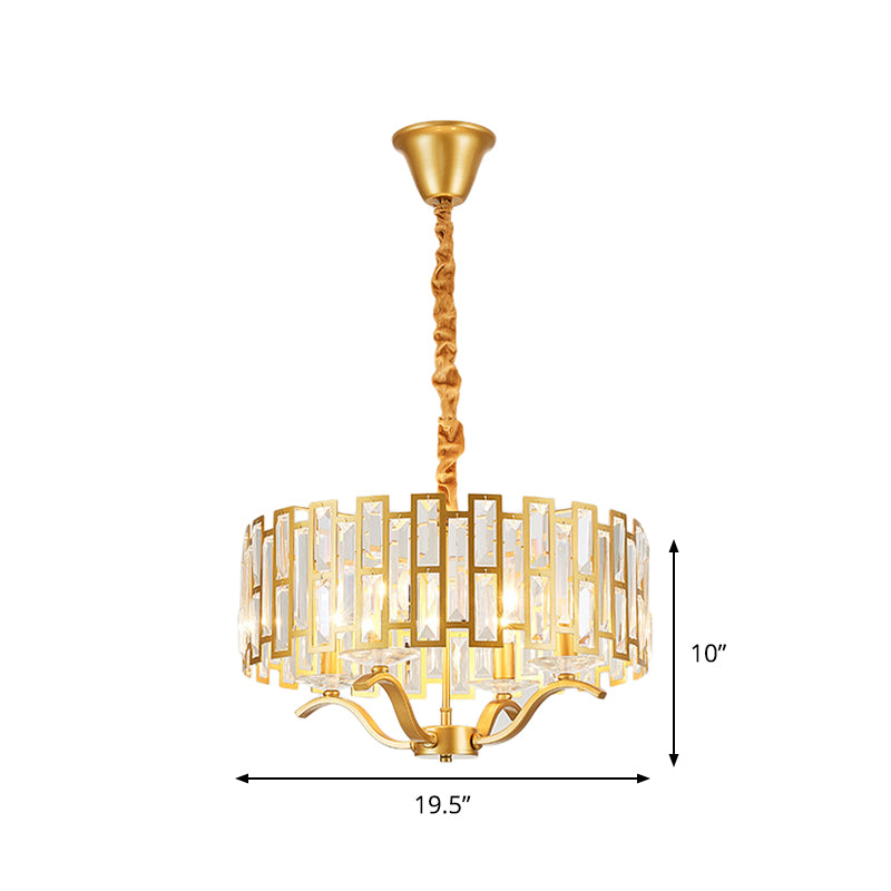 3/4 Heads Drum Hanging Lamp Traditional Gold Crystal Embedded Chandelier Light with Scrolls, 16"/19.5" W Clearhalo 'Ceiling Lights' 'Chandeliers' Lighting' options 1409366