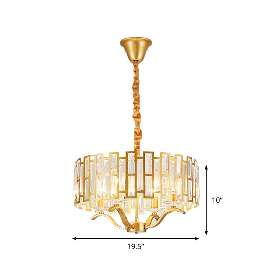 3/4 Heads Drum Hanging Lamp Traditional Gold Crystal Embedded Chandelier Light with Scrolls, 16"/19.5" W Clearhalo 'Ceiling Lights' 'Chandeliers' Lighting' options 1409366