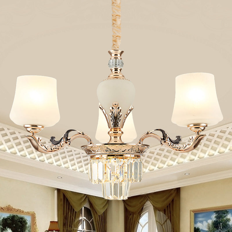 3/6 Heads Ceiling Light with Tapered Shade White Glass Traditional Bedchamber Chandelier Lamp in Gold 3 Gold Clearhalo 'Ceiling Lights' 'Chandeliers' Lighting' options 1409371_161ce60b-2111-4006-814e-7f642b07268b