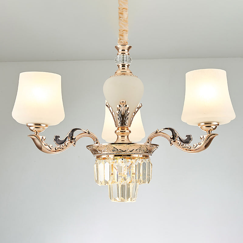 3/6 Heads Ceiling Light with Tapered Shade White Glass Traditional Bedchamber Chandelier Lamp in Gold Clearhalo 'Ceiling Lights' 'Chandeliers' Lighting' options 1409372