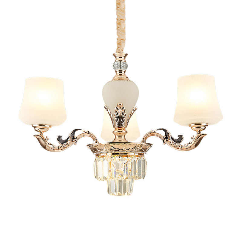 3/6 Heads Ceiling Light with Tapered Shade White Glass Traditional Bedchamber Chandelier Lamp in Gold Clearhalo 'Ceiling Lights' 'Chandeliers' Lighting' options 1409373