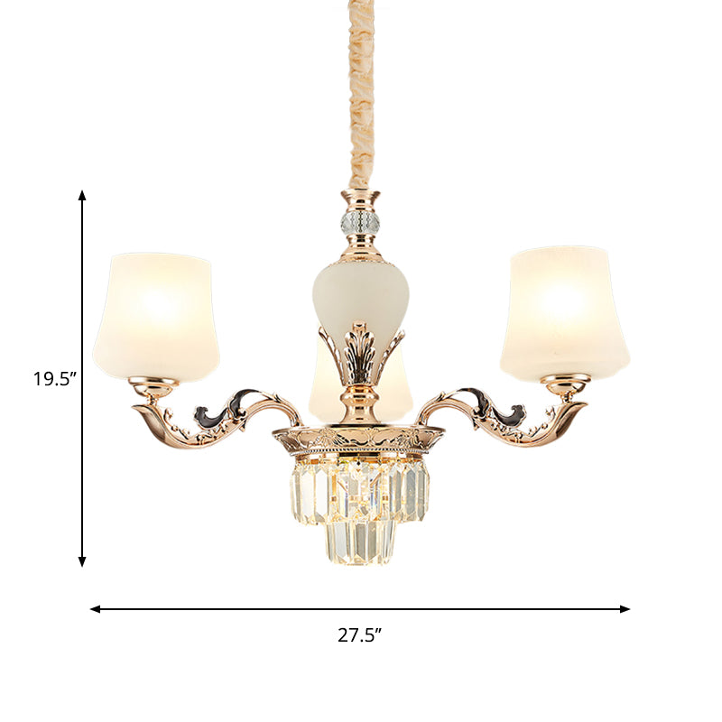 3/6 Heads Ceiling Light with Tapered Shade White Glass Traditional Bedchamber Chandelier Lamp in Gold Clearhalo 'Ceiling Lights' 'Chandeliers' Lighting' options 1409374