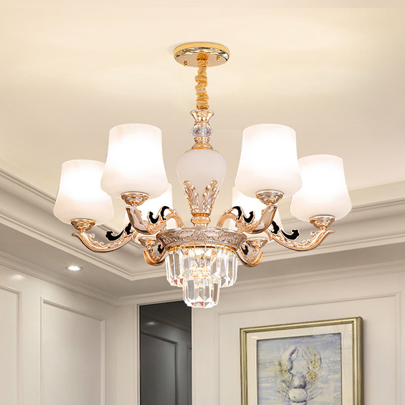 3/6 Heads Ceiling Light with Tapered Shade White Glass Traditional Bedchamber Chandelier Lamp in Gold 6 Gold Clearhalo 'Ceiling Lights' 'Chandeliers' Lighting' options 1409375_f2326bab-4cfd-4360-8e19-9113ea5035ea