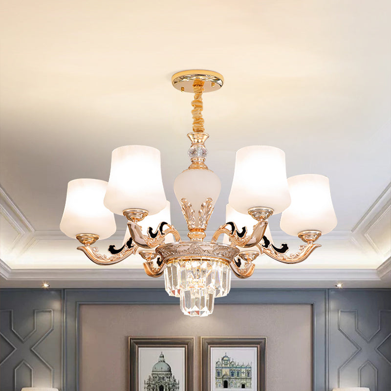 3/6 Heads Ceiling Light with Tapered Shade White Glass Traditional Bedchamber Chandelier Lamp in Gold Clearhalo 'Ceiling Lights' 'Chandeliers' Lighting' options 1409376