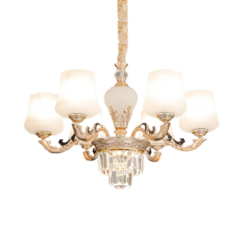 3/6 Heads Ceiling Light with Tapered Shade White Glass Traditional Bedchamber Chandelier Lamp in Gold Clearhalo 'Ceiling Lights' 'Chandeliers' Lighting' options 1409378