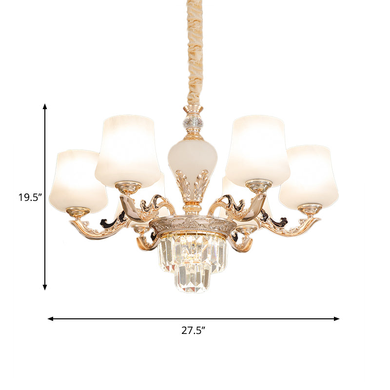 3/6 Heads Ceiling Light with Tapered Shade White Glass Traditional Bedchamber Chandelier Lamp in Gold Clearhalo 'Ceiling Lights' 'Chandeliers' Lighting' options 1409379