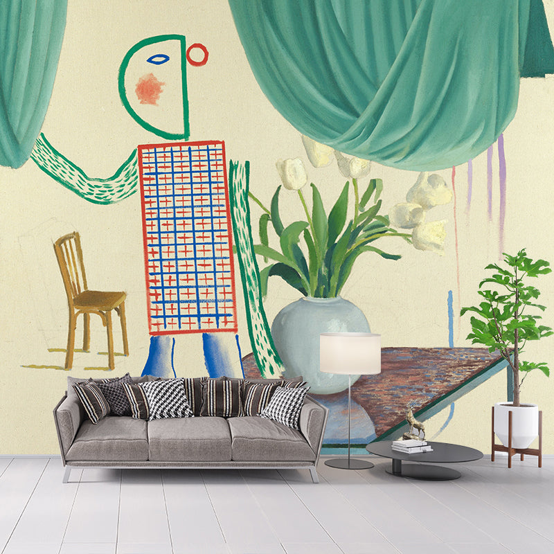 Yellow-Green Art Deco Mural Wallpaper Full Size Bot Man Wall Covering for Bedroom Clearhalo 'Wall Decor' 'Wall Mural' 1409443