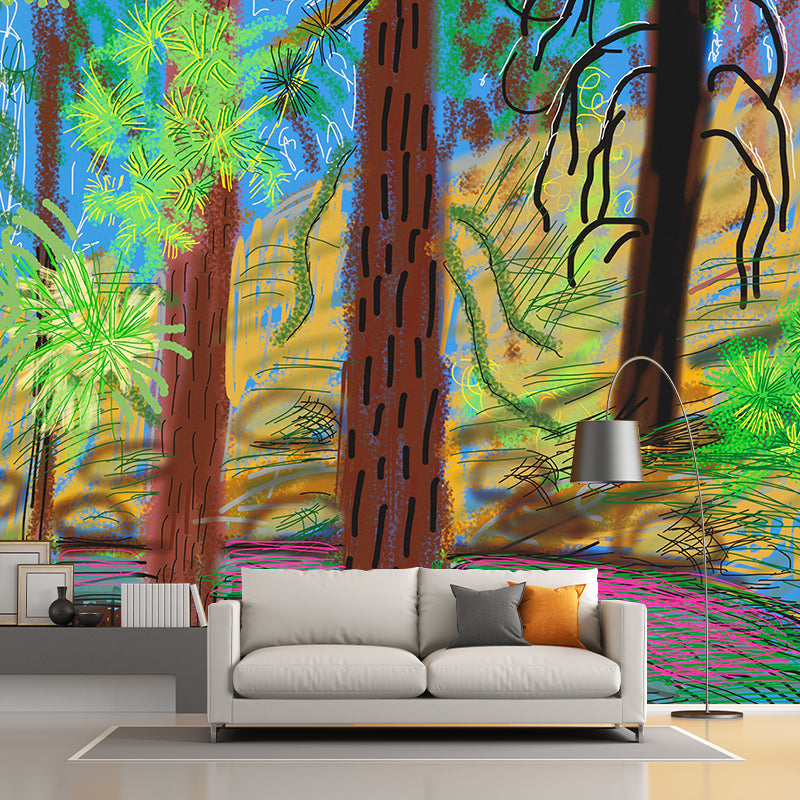 A Forest Path Wall Murals in Yellow-Brown Artistry Wall Decoration for Living Room Clearhalo 'Wall Decor' 'Wall Mural' 1409453