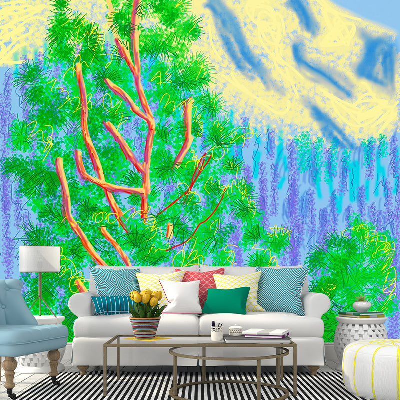 Whole Plants Wall Paper Murals Artistic Enchanting Cypress and Mountain Painting Wall Decor in Blue-Green Blue-Green Clearhalo 'Wall Decor' 'Wall Mural' 1409456