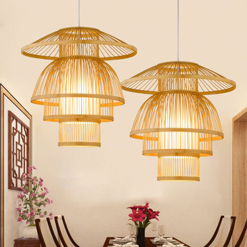 Tiered Dining Room Pendant Lighting Bamboo 1-Light Asian Stylish Hanging Lamp in Beige Beige Clearhalo 'Ceiling Lights' 'Pendant Lights' 'Pendants' Lighting' 140949_99ad51fe-d901-45a7-b25c-4c017c966ef8