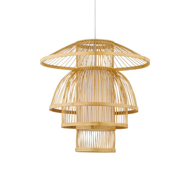 Tiered Dining Room Pendant Lighting Bamboo 1-Light Asian Stylish Hanging Lamp in Beige Clearhalo 'Ceiling Lights' 'Pendant Lights' 'Pendants' Lighting' 140951