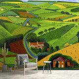 Village Landscape Overview Murals in Yellow-Green Modern Art Wall Decor for Living Room Clearhalo 'Wall Decor' 'Wall Mural' 1409532