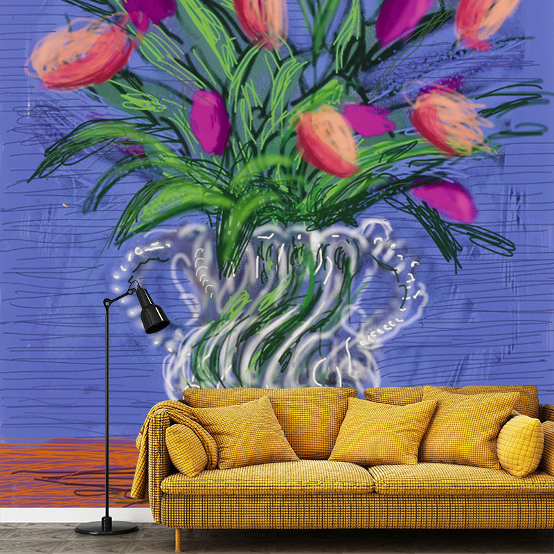 Still Life Tulip Flowers Mural Modern Art Non-Woven Fabric Wall Covering in Purple-Green Clearhalo 'Wall Decor' 'Wall Mural' 1409542