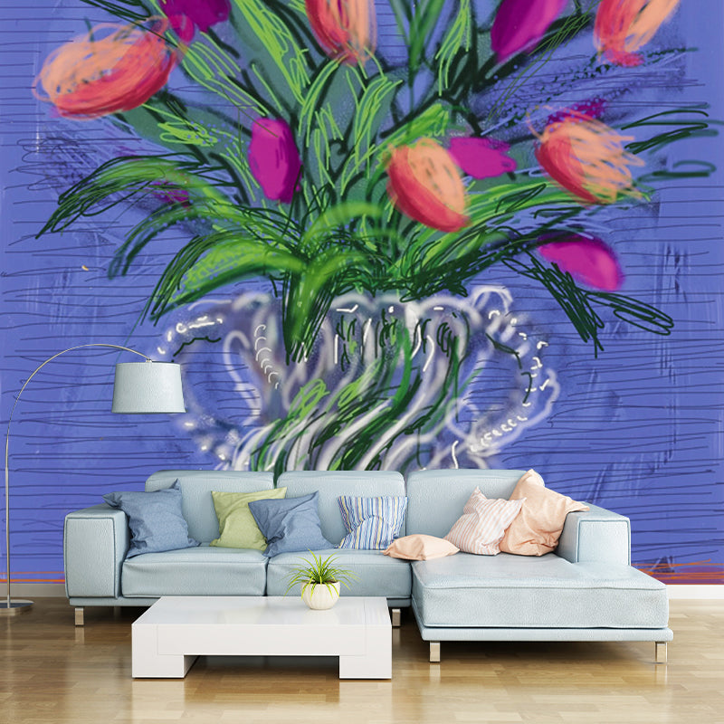 Still Life Tulip Flowers Mural Modern Art Non-Woven Fabric Wall Covering in Purple-Green Clearhalo 'Wall Decor' 'Wall Mural' 1409543