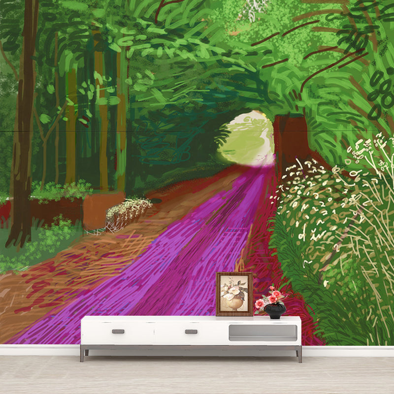 Pop Art Road Painting Mural Wallpaper Green-Purple Stain Resistant Wall Decor for Home Clearhalo 'Wall Decor' 'Wall Mural' 1409597