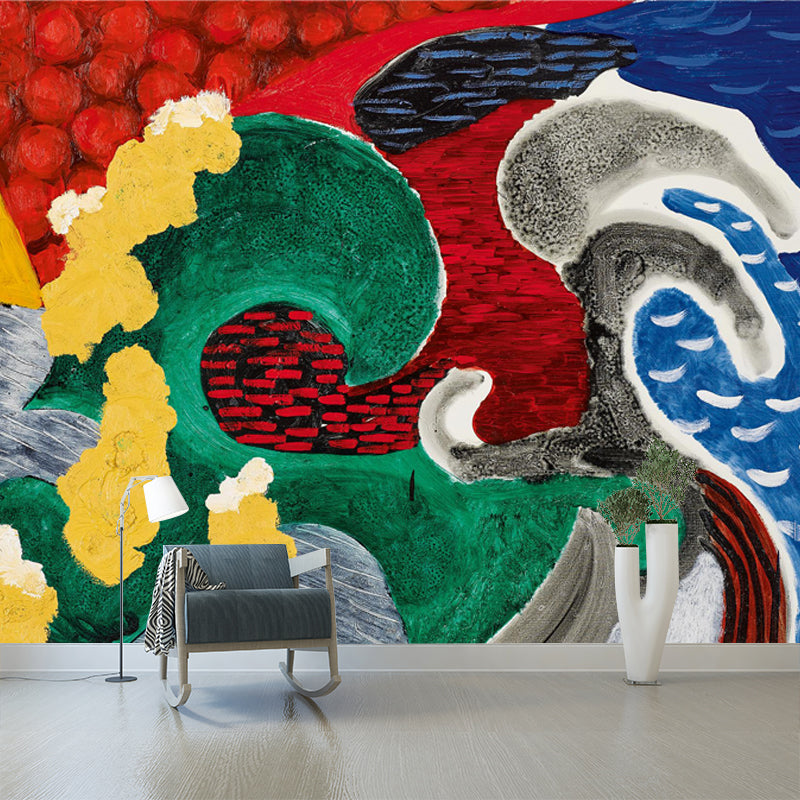 Art Deco the Wave Mural Non-Woven Waterproof Red-Yellow-Blue-Green Wall Covering for Home Red-Yellow-Blue-Green Clearhalo 'Wall Decor' 'Wall Mural' 1409611