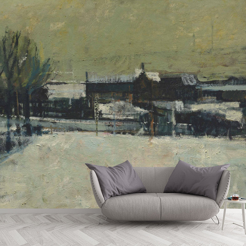 Artistry Oil Painting Village Murals in Grey-Green Stain Resistant Wall Decor for Bedroom Gray-Green Clearhalo 'Wall Decor' 'Wall Mural' 1409636